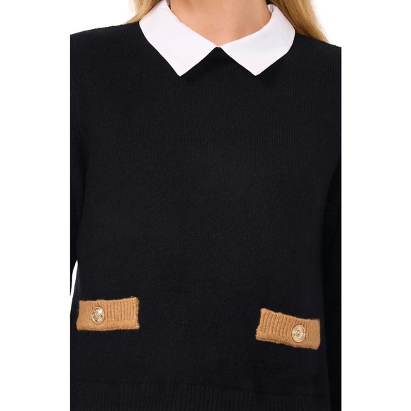 NEW CECE Black & White TWO-FER Collared LAYERED Pocket Detail SWEATER TOP XS - Picture 2 of 10